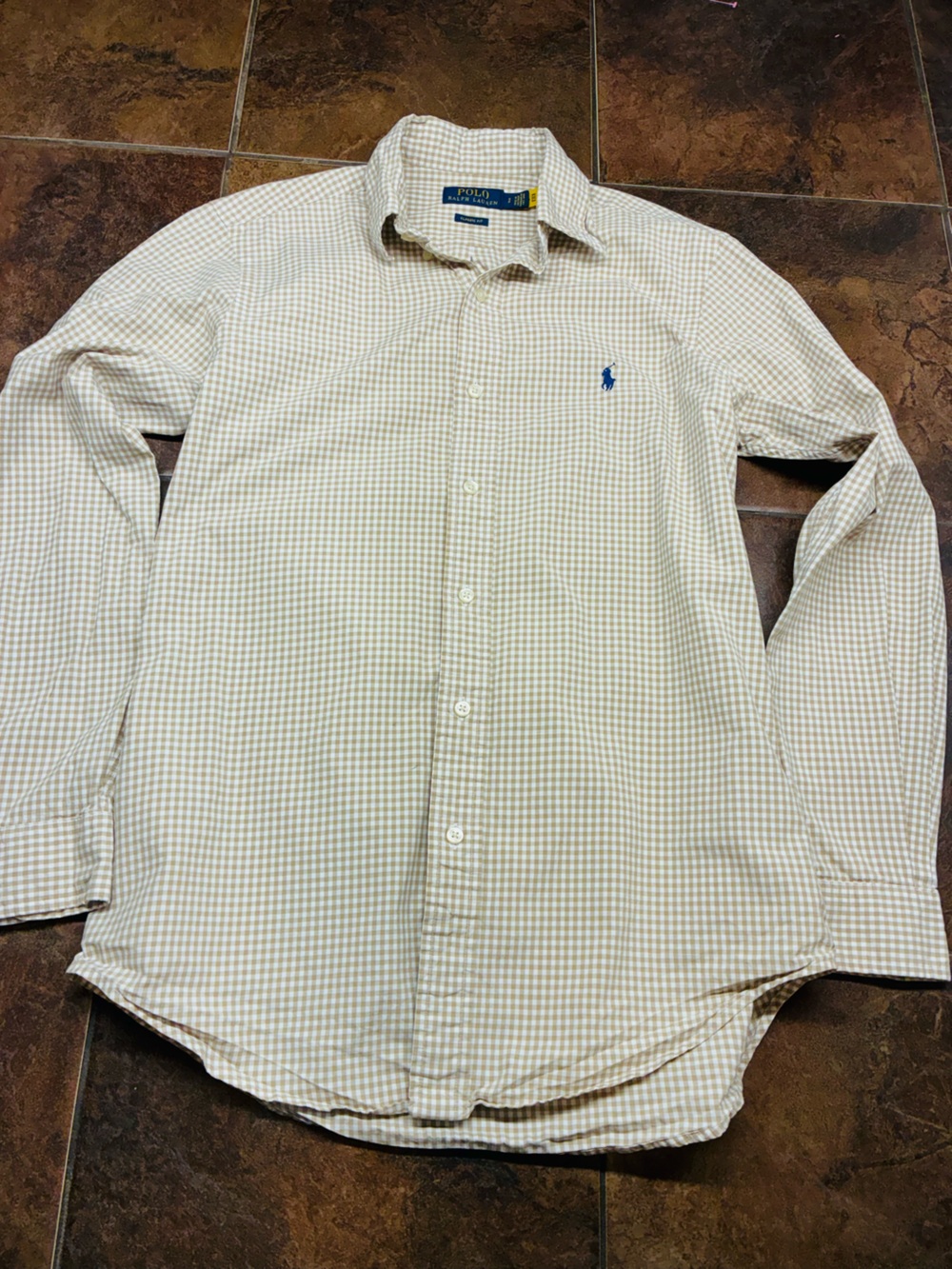 Polo by Ralph Lauren Beige Gingham Button-Down Shirt with Blue Pony Logo